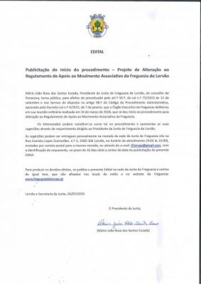 PUBLICITA&Ccedil;&Atilde;O DO IN&Iacute;CIO DO PROCEDIMENTO - Projeto de Altera&ccedil;&atilde;o ao Regulamento de Apoio ao Movimento Associativo da Freguesia de Lorv&atilde;o