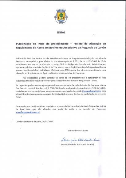 PUBLICITA&Ccedil;&Atilde;O DO IN&Iacute;CIO DO PROCEDIMENTO - Projeto de Altera&ccedil;&atilde;o ao Regulamento de Apoio ao Movimento Associativo da Freguesia de Lorv&atilde;o