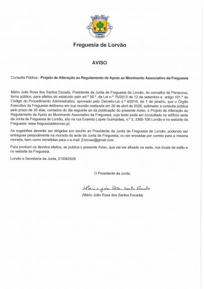 Consulta P&uacute;blica - Projeto de Altera&ccedil;&atilde;o ao Regulamento de Apoio ao Movimento Associativo da Freguesia